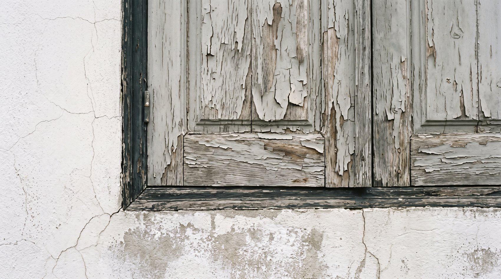 Sun-damaged shutter with peeling paint and cracked render