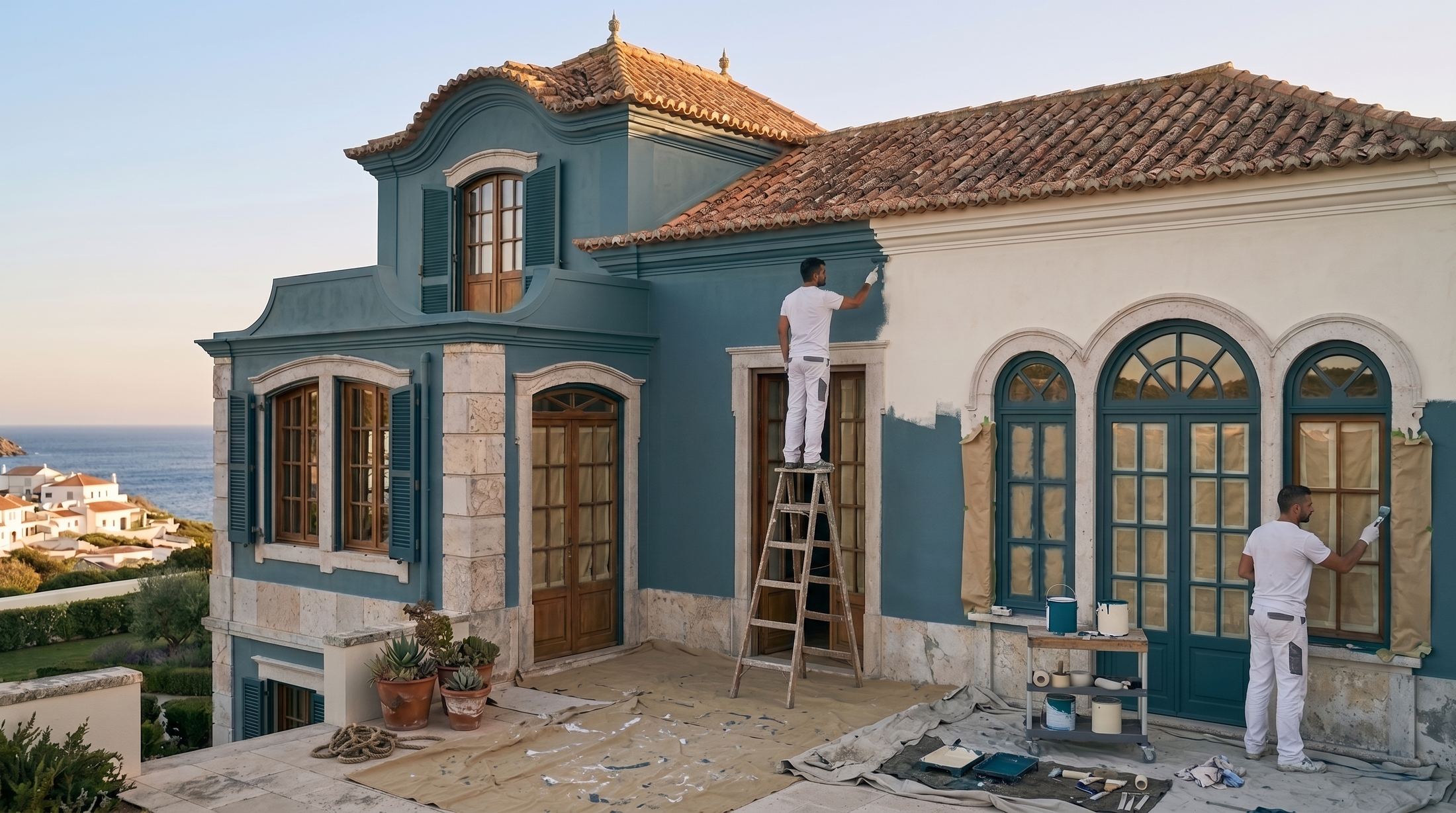 Painter preparing a ceiling on site