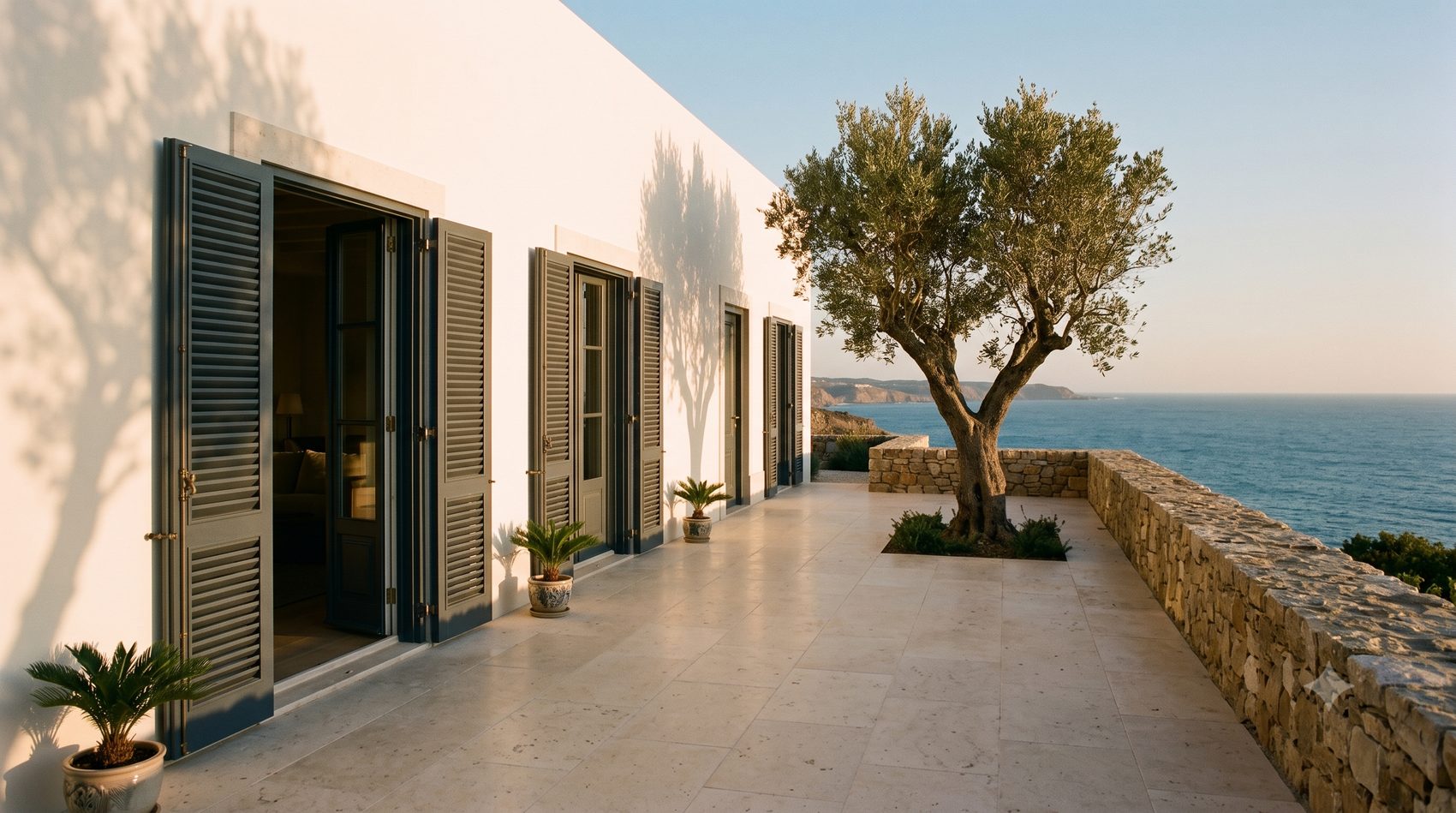Terrace of a coastal villa at golden hour, shutters open to the Atlantic